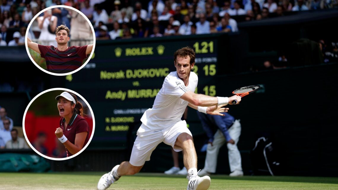 Main: Andy Murray plays a backhand slice shot at Wimbledon. Inset left: Jack Draper celebrates in an overlay. Inset left: Emma Raducanu celebrates ...