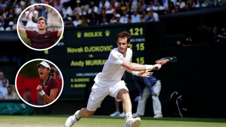 Main: Andy Murray plays a backhand slice shot at Wimbledon. Inset left: Jack Draper celebrates in an overlay. Inset left: Emma Raducanu celebrates ...