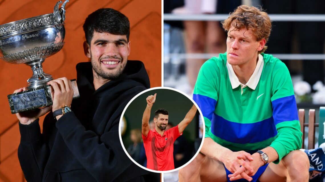 Carlos Alcaraz (left) hugs the French Open trophy, Novak Djokovic (middle) in a circle overlay with his thumbs up and Jannik Sinner (right) looks d...