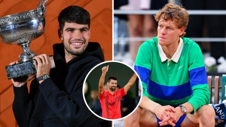 Carlos Alcaraz (left) hugs the French Open trophy, Novak Djokovic (middle) in a circle overlay with his thumbs up and Jannik Sinner (right) looks d...