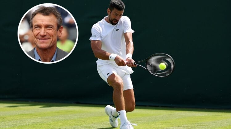 Main: Novak Djokovic hitting a backhand at Wimbledon. Inset: Mats Wilander smiling.