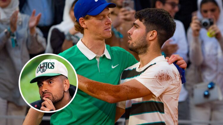 Nick Kyrgios (left) in a circle overlay, Jannik Sinner and Carlos Alcaraz (middle) embrace