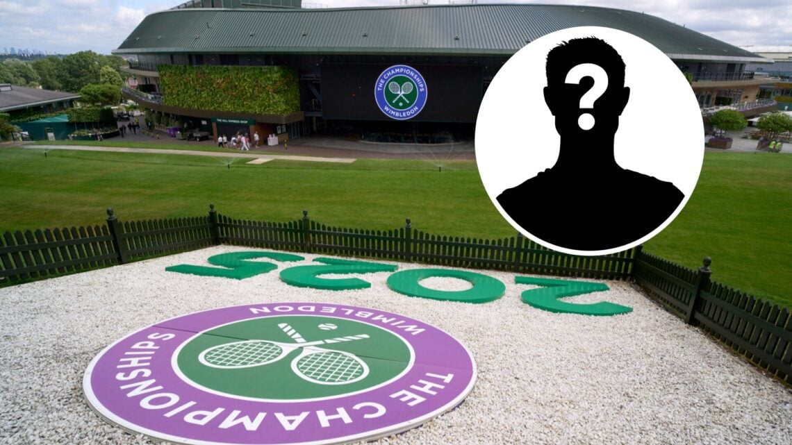 Wimbledon centre court and a mystery player (left) in a circle overlay