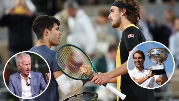 John McEnroe (left) in a circle overlay, Carlos Alcaraz and Stefanos Tsitsipas shake hands (middle), Rafael Nadal (right) in a circle overlay lifts...