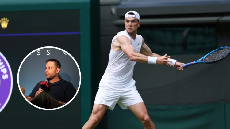 Andy Roddick (left) in a circle overlay and Jack Draper (right) hits a forehand