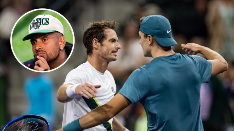 Nick Kyrgios (left) in a circle overlay, Jack Draper and Andy Murray hug (middle)