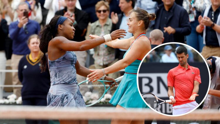 Coco Gauff and Aryna Sabalenka hug (middle), Novak Djokovic (right) gestures in a circle overlay