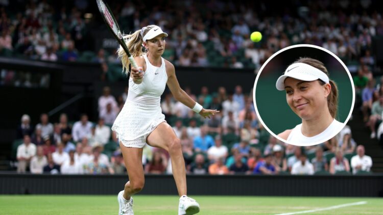 Main: Katie Boulter hits a volley at Wimbledon. Inset: Paula Badosa smiling at Wimbledon on the right.