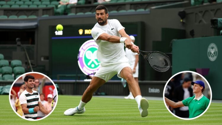 Main: Novak Djokovic hitting a backhand at Wimbledon. Inset left: Carlos Alcaraz smiling. Inset right: Jannik Sinner smiling.