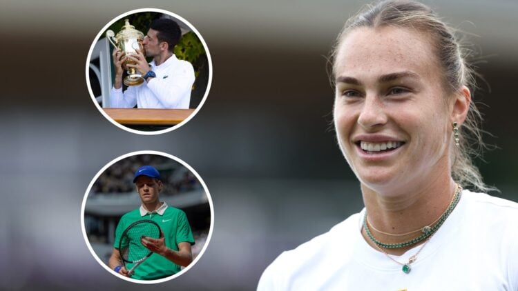 Main: Aryna Sabalenka smiling. Inset left top: Novak Djokovic kissing the Wimbledon trophy. Inset left bottom: Jannik Sinner looking at his racquet