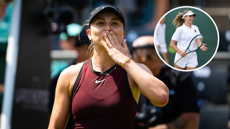 Main: Paula Badosa celebrating. Inset right: Katie Boulter smiling while tapping her racquet strings with her hand.