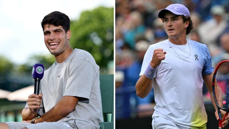 Left: Carlos Alcaraz smiling during an interview at Wimbledon. Right: Joao Fonseca fist pumps in celebration.