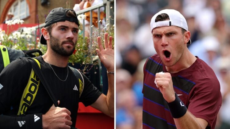 Jacob Fearnley (left) waves and Jack Draper (right) pumps his fist