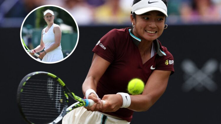 Main: Alexandra Eala hits a backhand shot. Inset left top: Barbora Krejcikova reacts while on court.