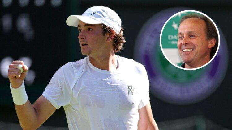 Main: Joao Fonseca celebrates during his first round match versus Jacob Fearnley at Wimbledon. Inset right: John Lloyd smiling.