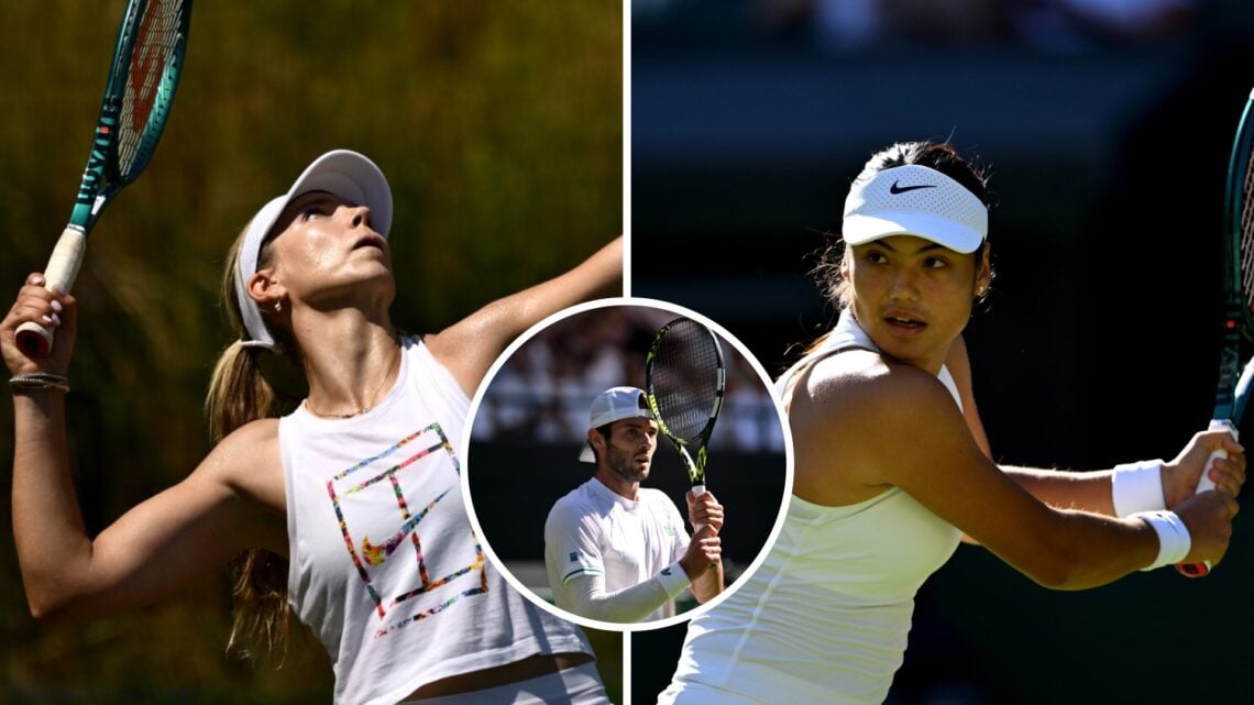 Katie Boulter (left) serves, Jacob Fearnley (middle) in a circle overlay and Emma Raducanu (right) hits a backhand