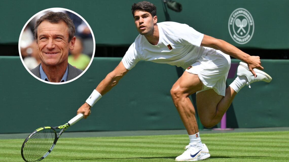 Main: Carlos Alcaraz stretches for a ball at Wimbledon. Inset left: Mats Wilander smiling.
