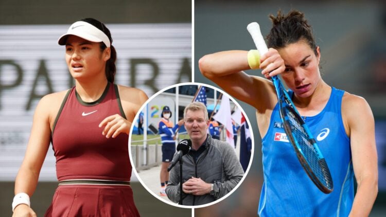 Emma Raducanu (left) looks on, Jim Courier (middle) in circe overlay talks into a microphone and Lois Boisson (right) wipes her forehead with her hand