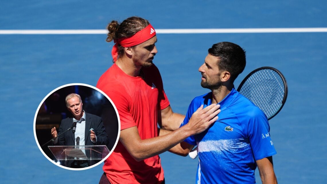 Patrick McEnroe (left) in a circle overlay talks into a microphone, Alexander Zverev and Novak Djokovic shake hands (right)