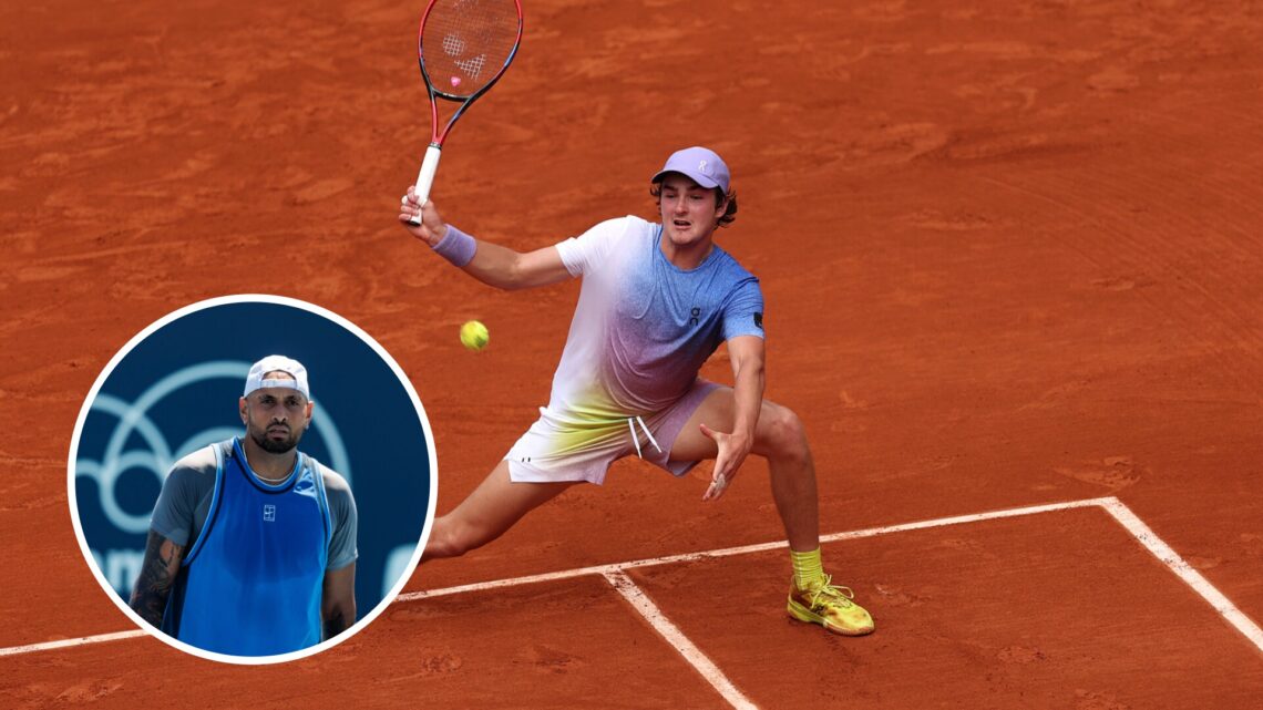Nick Kyrgios (left) in a circle overlay looks on and Joao Fonseca (right) stoops down to return a forehand