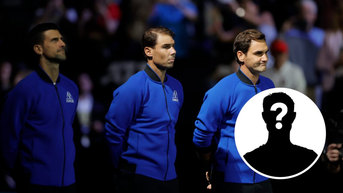 From left to right: Novak Djokovic, Rafael Nadal, Roger Federer and a mystery player in a circle overlay