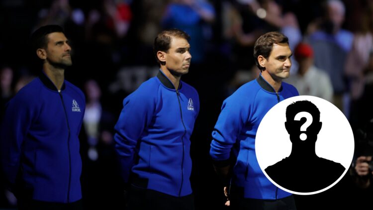 From left to right: Novak Djokovic, Rafael Nadal, Roger Federer and a mystery player in a circle overlay