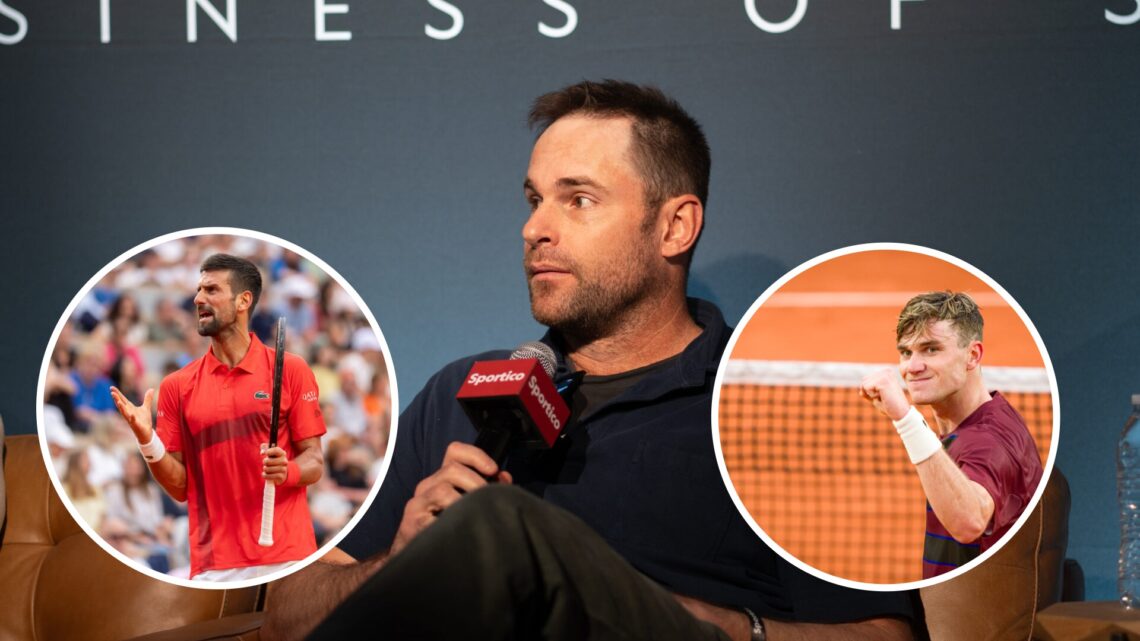 Novak Djokovic (left) complains in circle overlay, Andy Roddick (middle) speaks into a microphone and Jack Draper (right) pumps his fist in circle ...
