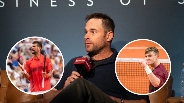 Novak Djokovic (left) complains in circle overlay, Andy Roddick (middle) speaks into a microphone and Jack Draper (right) pumps his fist in circle ...