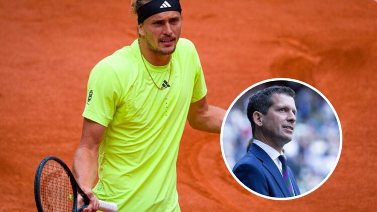 Alexander Zverev (left) gestures with his arms out wide and Tim Henman (right) in a circle overlay