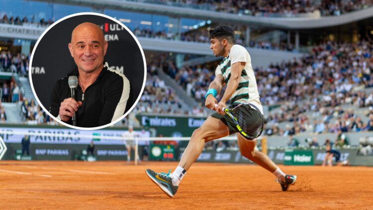 Andre Agassi (left) in a circle overlay talks into a microphone and Carlos Alcaraz (right) hits a backhand