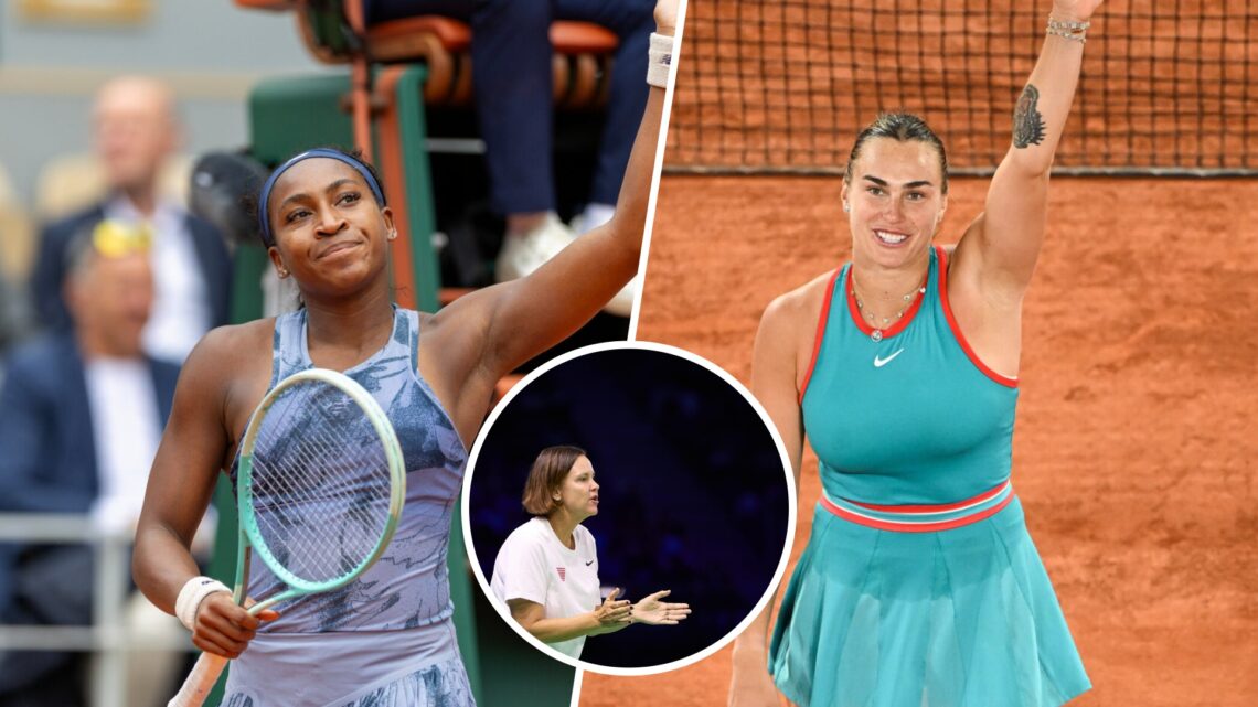 Coco Gauff (left) waves to fans, Lindsay Davenport (middle) in circle overlay claps and Aryna Sabalenka (right) waves to fans