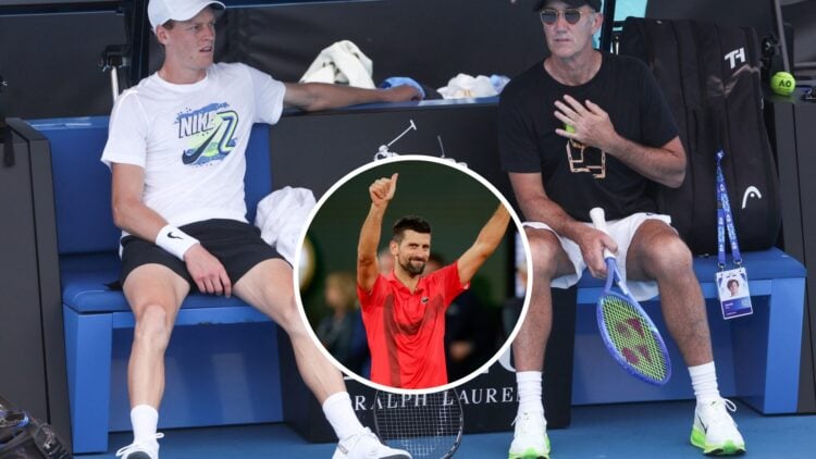 Jannik Sinner (left) sits on a bench, Novak Djokovic (middle) raises his arms in thanks in a circle overlay and Darren Cahill (right) sits beside S...