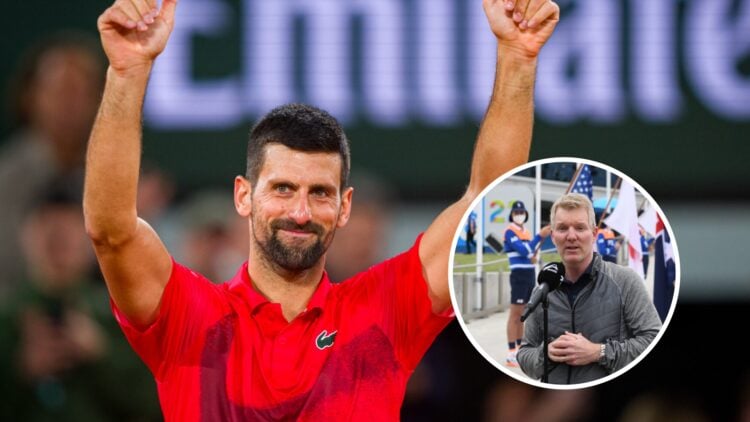 Novak Djokovic (left) waves goodbye to fans and Jim Courier (right) speaks into a microphone in a circle overlay