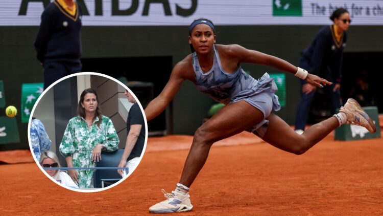 Mary Joe Fernandez (left) in a circle overlay and Coco Gauff runs on (right)