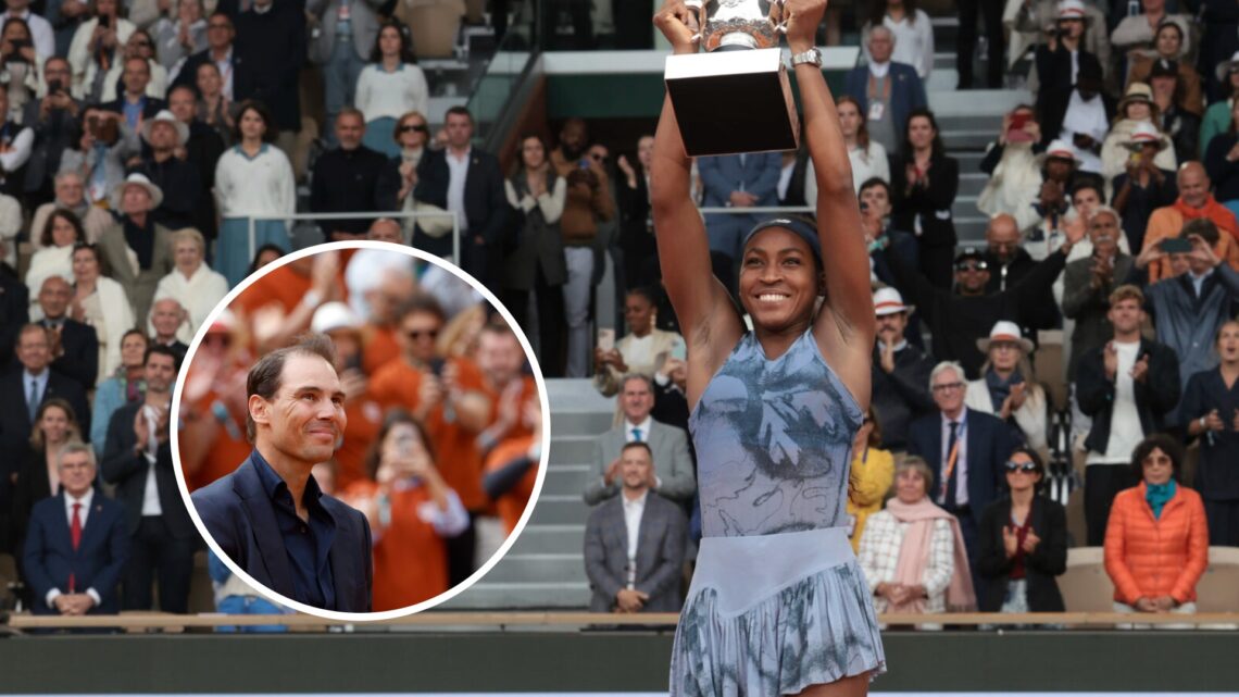 Rafa Nadal (left) smiles in a circle overlay and Coco Gauff (right) lifts the French Open trophy