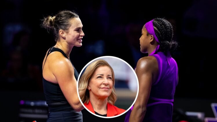 Aryna Sabalenka (left) and Coco Gauff (right) shake hands, Chris Evert (middle) in a circle overlay