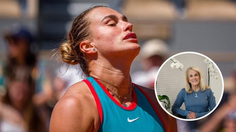 Aryna Sabalenka (middle) looks dejected and Tracy Austin (right) smiles in circle overlay
