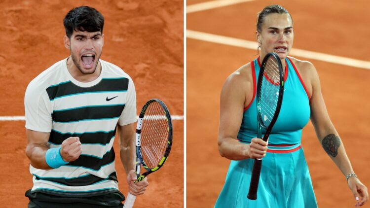 Carlos Alcaraz (left) pumps his fist and Aryna Sabalenka (right) holds up her racket in celebration