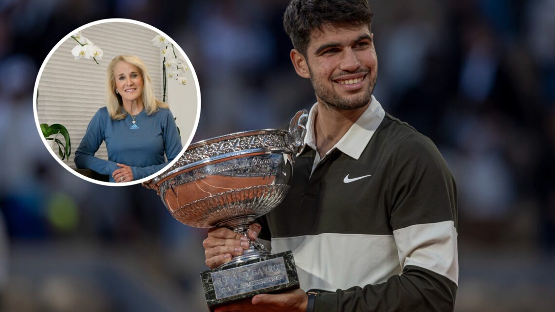 Tracy Austin (left) in a circle overlay and Carlos Alcaraz (right) holds French Open trophy
