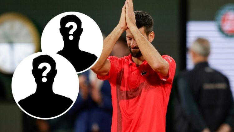 Two mystery players (left) in circle overlays and Novak Djokovic (right) holds his hands up