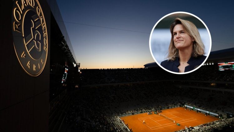 Philippe Chatrier at night (main background) and Amelie Mauresmo (top right) in a circle overlay