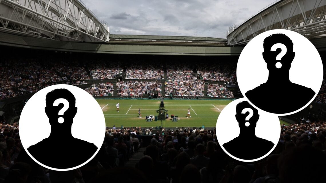 Three mystery players (one left, two right) in circle overlays with Wimbledon Centre Court in the background