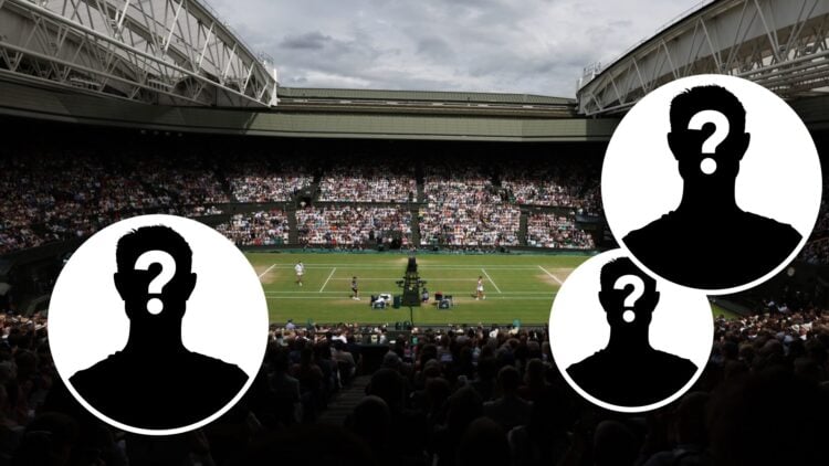 Three mystery players (one left, two right) in circle overlays with Wimbledon Centre Court in the background