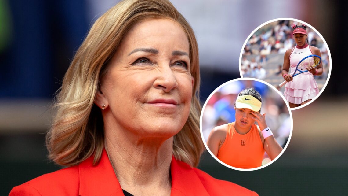 Chris Evert (left) looks on, Emma Raducanu (right) in circle overlay holds her head in disappointment and Naomi Osaka (further right) looks down