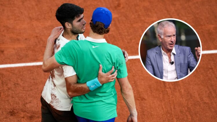 Carlos Alcaraz and Jannik Sinner embrace (left) and John McEnroe (right) in a circle overlay