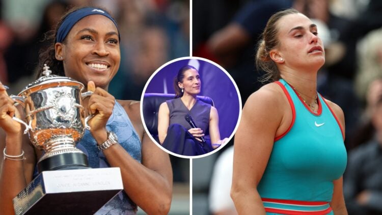 Coco Gauff (left) holds the French Open trophy, Andrea Petkovic (middle) in a circle overlay and Aryna Sabalenka (right) looks dejected