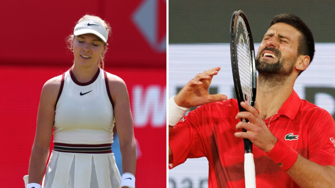Katie Boulter (left) looks downbeat and Novak Djokovic (right) grimaces