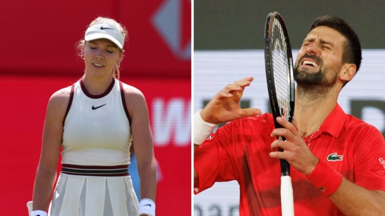 Katie Boulter (left) looks downbeat and Novak Djokovic (right) grimaces