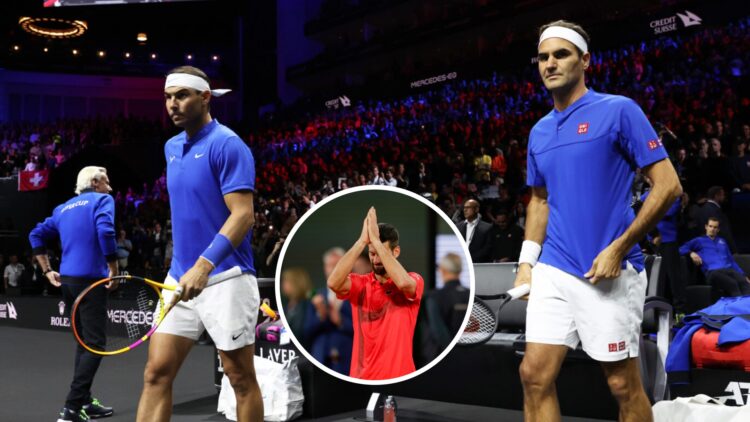 Rafael Nadal (left) Novak Djokovic (middle) in a circle overlay puts his hands together in thanks and Roger Federer (right)
