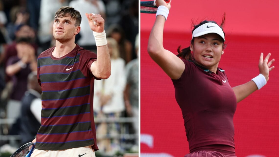 Jack Draper (left) raises his fist in celebration and Emma Raducanu (right) hits a shot